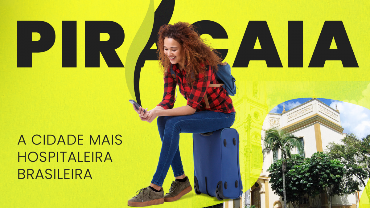 Imagem de moça procurando o passeio. Escritas: Piracaia: A cidade mais hospitaleira Brasileira