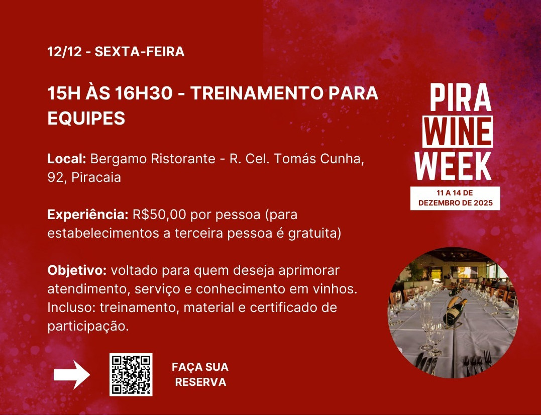 Jantar harmonizado na sexta-feira com QR Code para reserva – Pira Wine Week 2025