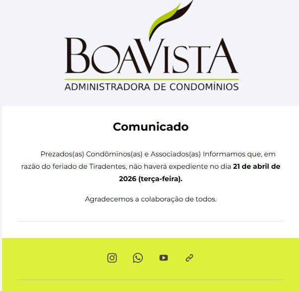 Comunicado oficial de feriado da Boa Vista Condomínios e Imóveis